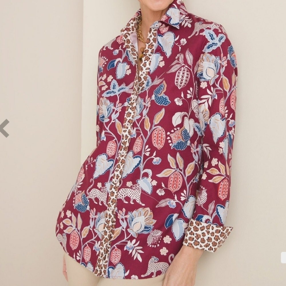 Chico's No‎ Iron Cheetah Floral Classic Stretch Button Front Shirt Size Small/4